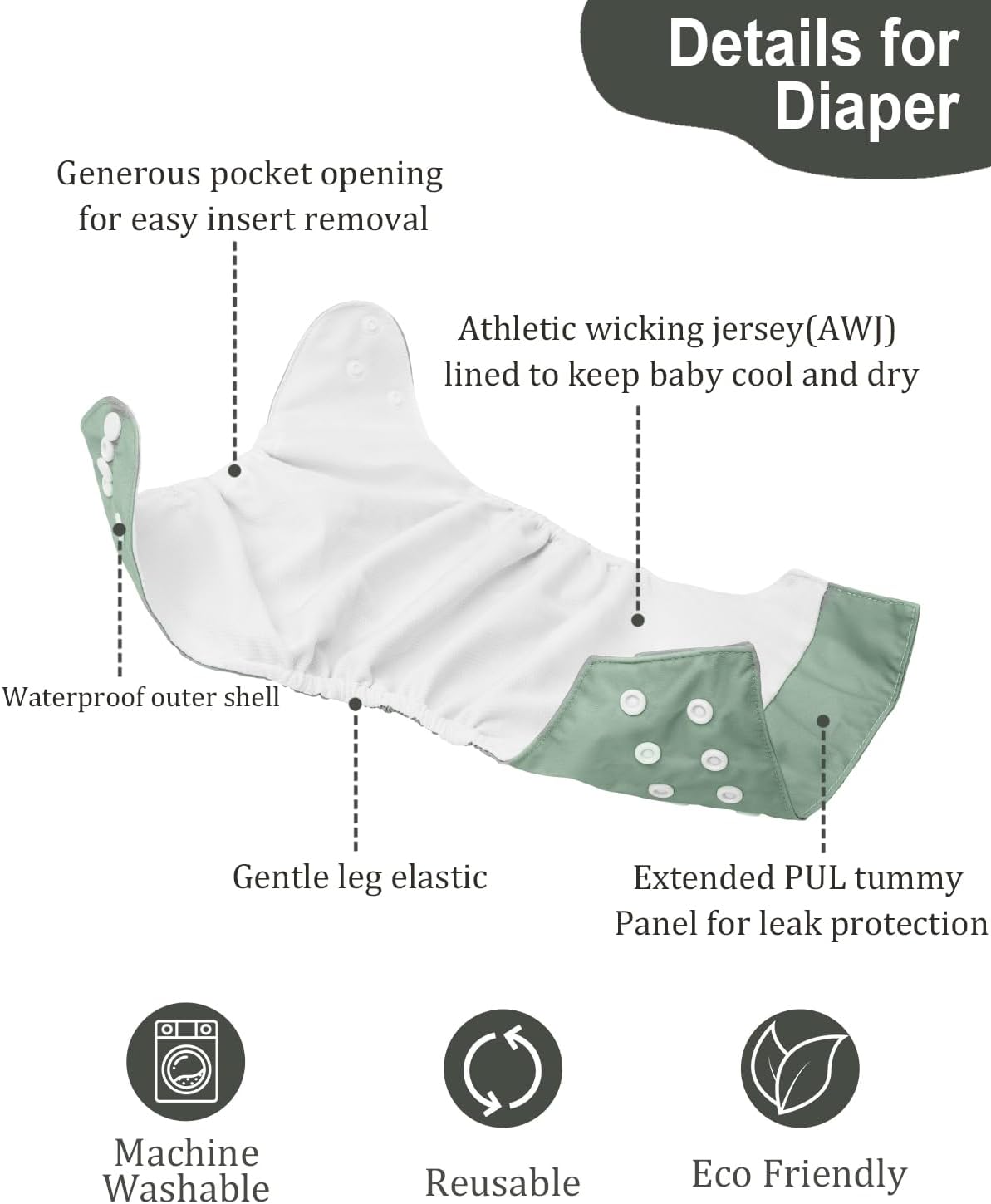 3 PCS babygoal AWJ Cloth Diapers, 3 Diaper Cover with 3 Inserts and Wet Dry Bag, Adjustable Washable Reusable for Baby Girls and Boys